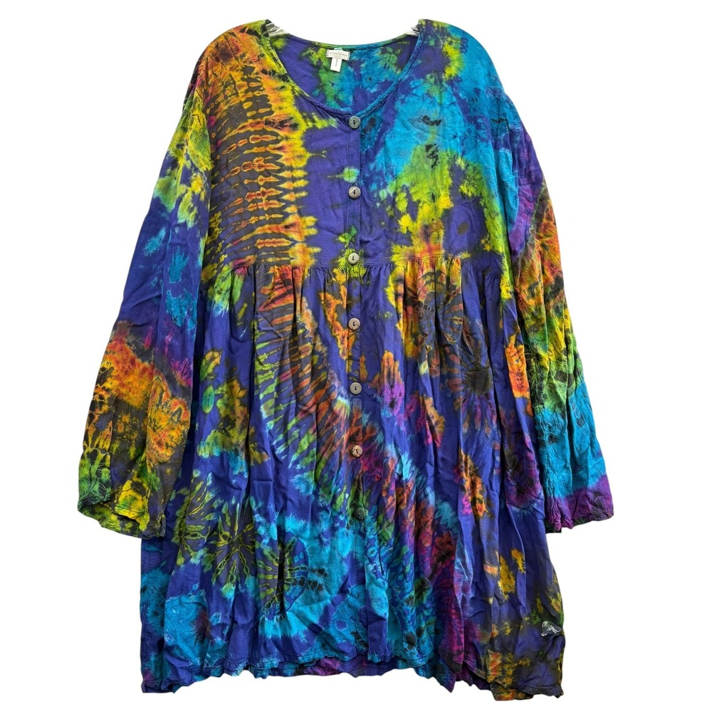 The Collection Royal Tie Dye Boho Tunic Dress Button Front Oversized Festival 1X